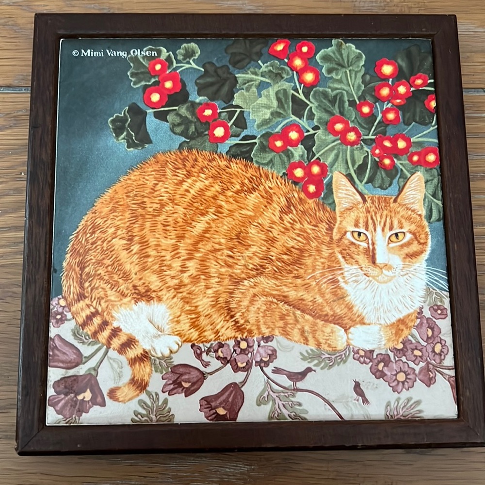 Vintage Avon Orange Tabby Cat Ceramic Trivet & Wood Frame Artist Mimi Vang Olsen